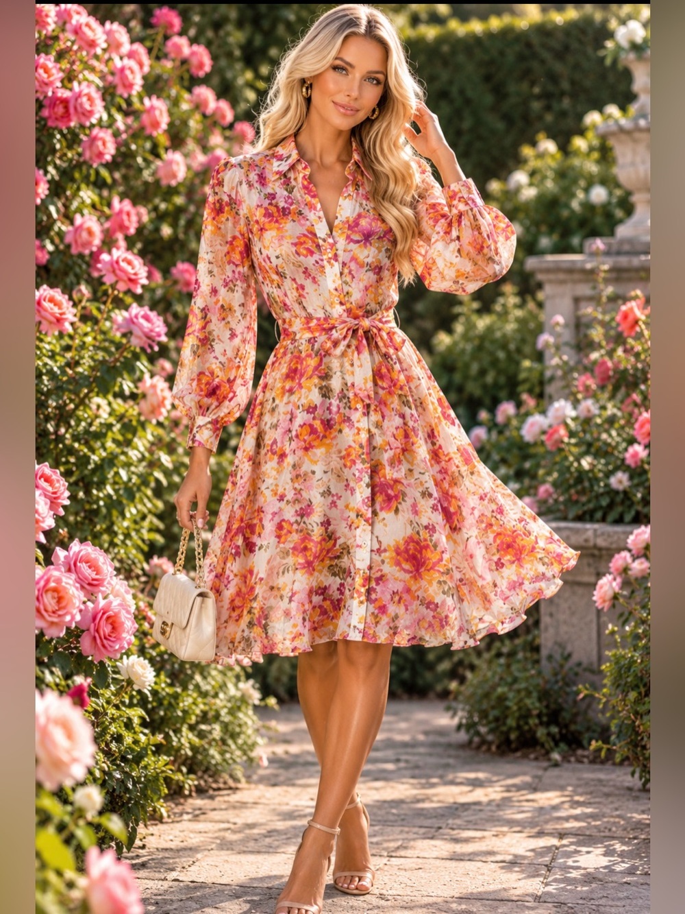 CeCe Cream Floral Long Sleeve Button-Front Dress with Pink & Yellow Flowers